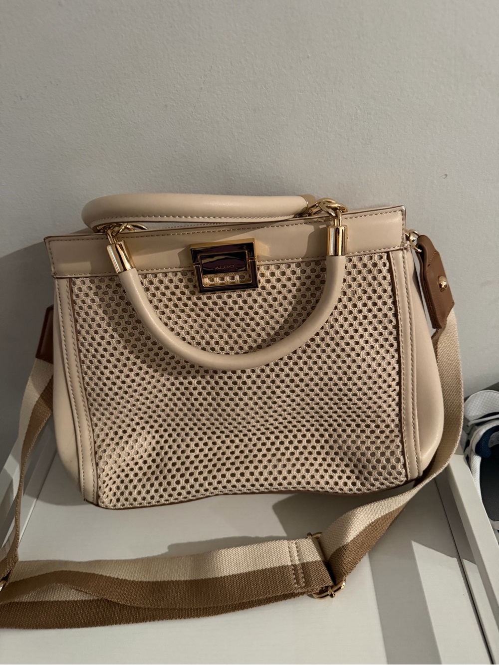 Aldo Cream Woven Shoulder Bag with Wide Strap
